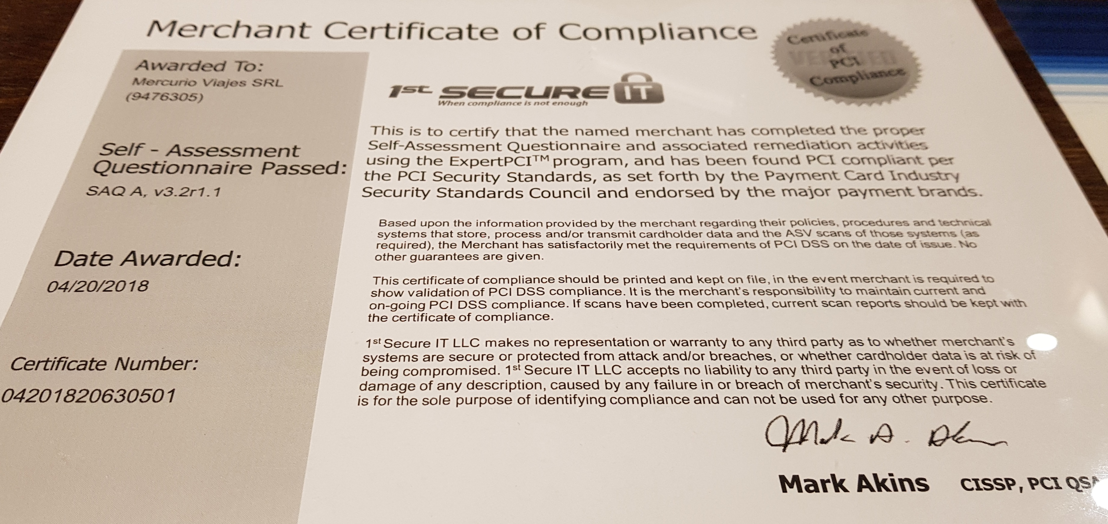 Certificado OF PCI