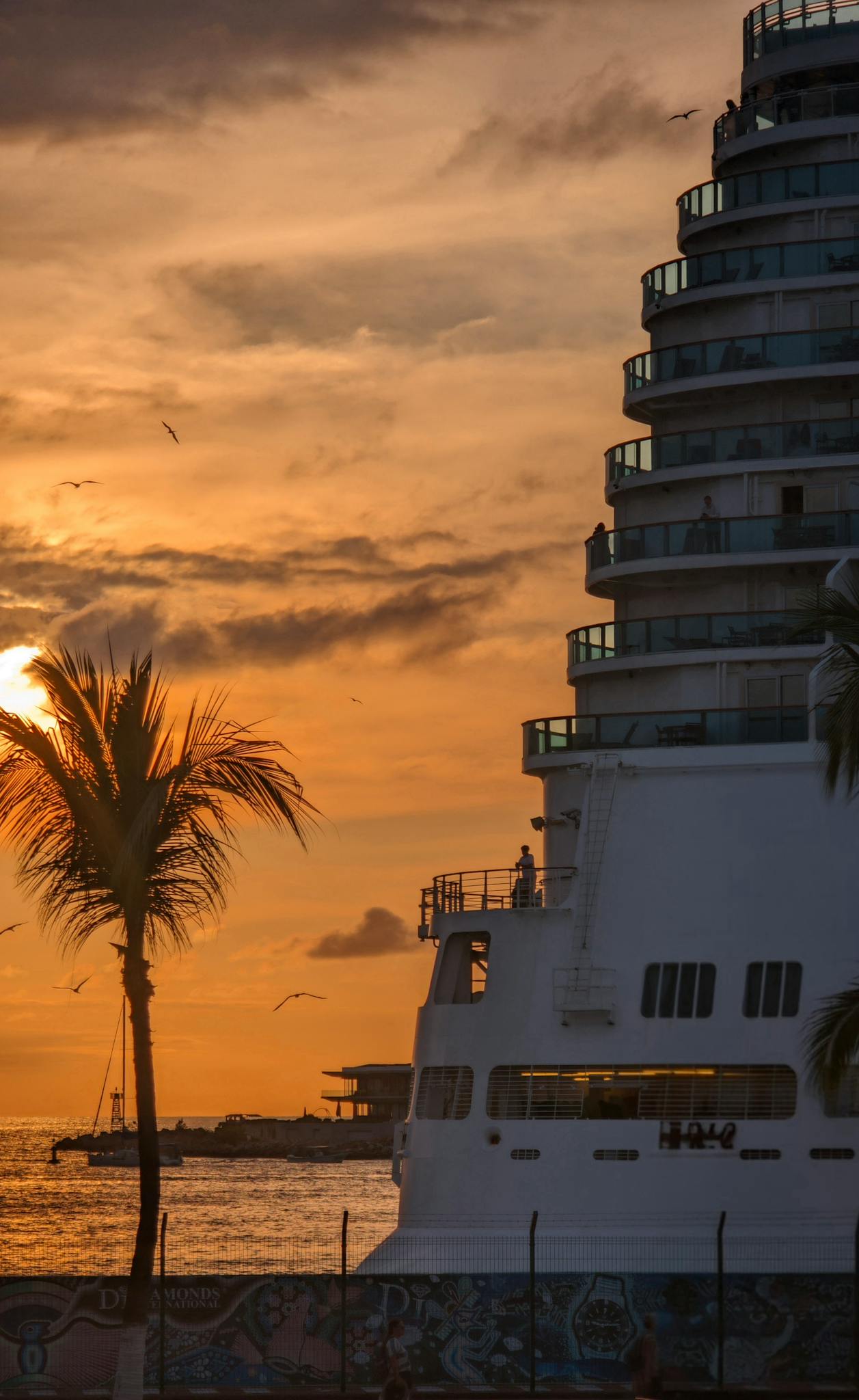A scenic view of a cruise ship at sunset with a palm tree and ocean backdrop, capturing a tropical vibe.